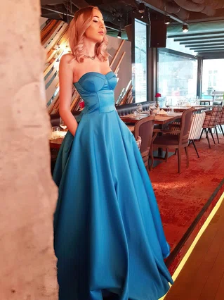 A-line Strapless Satin Sweep Train Pockets Prom Dresses #Favs020107135 A-line Strapless Satin Sweep Train Pockets Prom Dresses #Favs020107135