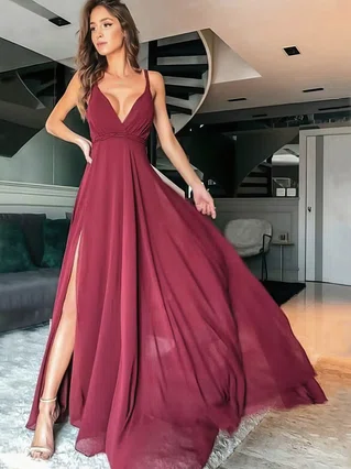 A-line V-neck Chiffon Sweep Train Split Front Prom Dresses #Favs020107140 A-line V-neck Chiffon Sweep Train Split Front Prom Dresses #Favs020107140