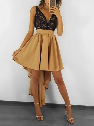 A-line V-neck Lace Silk-like Satin Short/Mini Prom Dresses #Favs020107141 A-line V-neck Lace Silk-like Satin Short/Mini Prom Dresses #Favs020107141