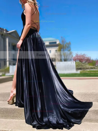 A-line V-neck Silk-like Satin Sweep Train Split Front Prom Dresses #Favs020107143