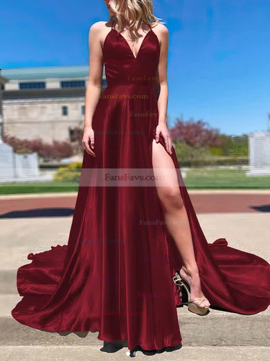 A-line V-neck Silk-like Satin Sweep Train Split Front Prom Dresses #Favs020107143