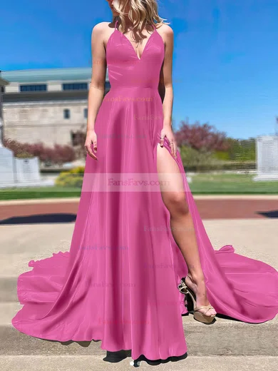 A-line V-neck Silk-like Satin Sweep Train Split Front Prom Dresses #Favs020107143