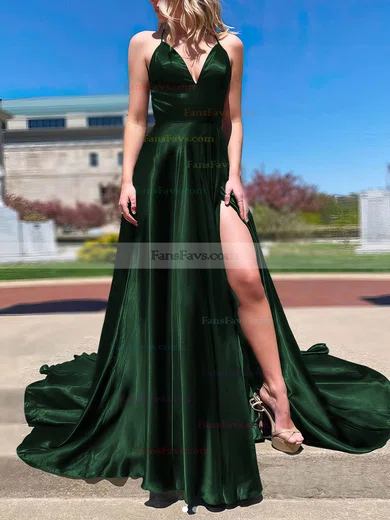 A-line V-neck Silk-like Satin Sweep Train Split Front Prom Dresses #Favs020107143