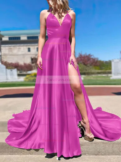 A-line V-neck Silk-like Satin Sweep Train Split Front Prom Dresses #Favs020107143