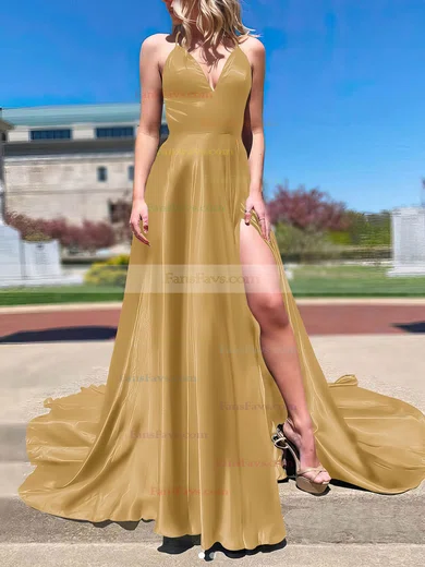 A-line V-neck Silk-like Satin Sweep Train Split Front Prom Dresses #Favs020107143