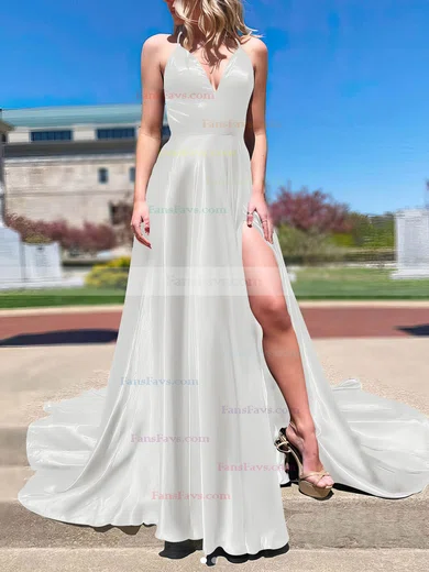 A-line V-neck Silk-like Satin Sweep Train Split Front Prom Dresses #Favs020107143