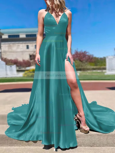 A-line V-neck Silk-like Satin Sweep Train Split Front Prom Dresses #Favs020107143