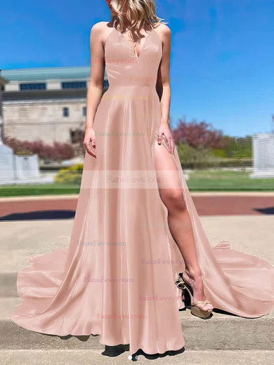 A-line V-neck Silk-like Satin Sweep Train Split Front Prom Dresses #Favs020107143