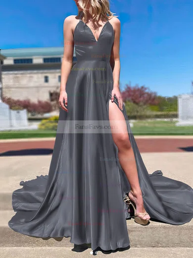 A-line V-neck Silk-like Satin Sweep Train Split Front Prom Dresses #Favs020107143