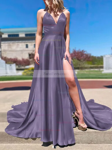 A-line V-neck Silk-like Satin Sweep Train Split Front Prom Dresses #Favs020107143