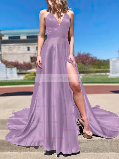 A-line V-neck Silk-like Satin Sweep Train Split Front Prom Dresses #Favs020107143