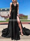 A-line V-neck Silk-like Satin Sweep Train Split Front Prom Dresses #Favs020107143