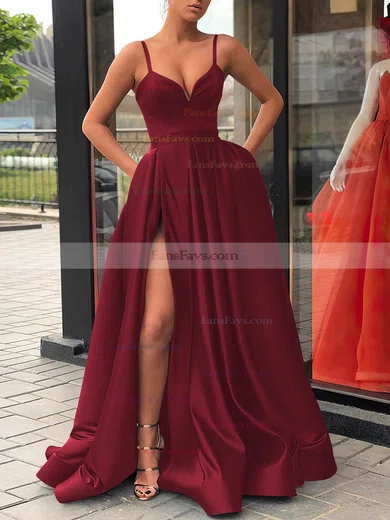 A-line V-neck Satin Sweep Train Sashes / Ribbons Prom Dresses #Favs020107144
