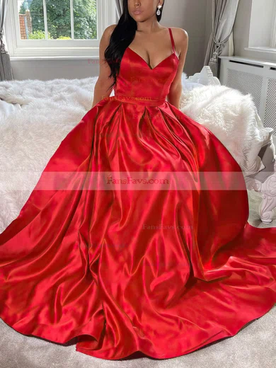 A-line V-neck Satin Sweep Train Sashes / Ribbons Prom Dresses #Favs020107144