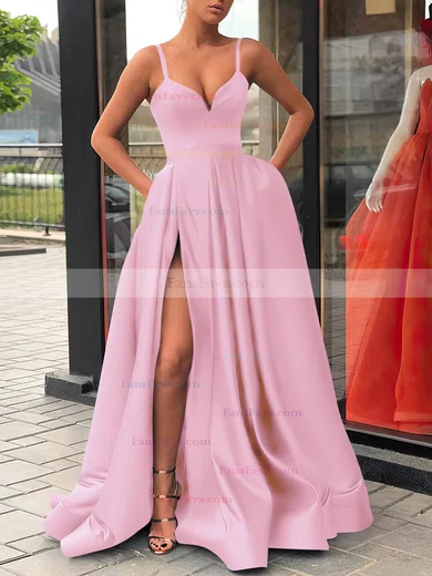 A-line V-neck Satin Sweep Train Sashes / Ribbons Prom Dresses #Favs020107144