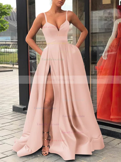 A-line V-neck Satin Sweep Train Sashes / Ribbons Prom Dresses #Favs020107144