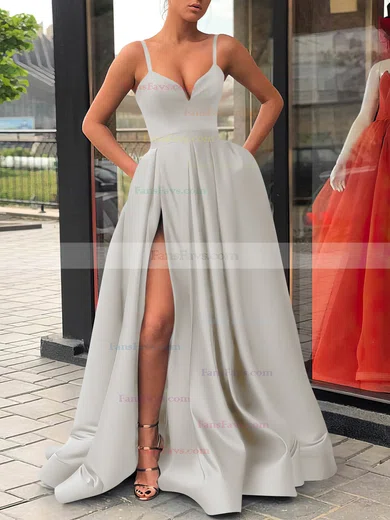 A-line V-neck Satin Sweep Train Sashes / Ribbons Prom Dresses #Favs020107144