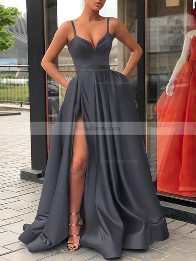 A-line V-neck Satin Sweep Train Sashes / Ribbons Prom Dresses #Favs020107144