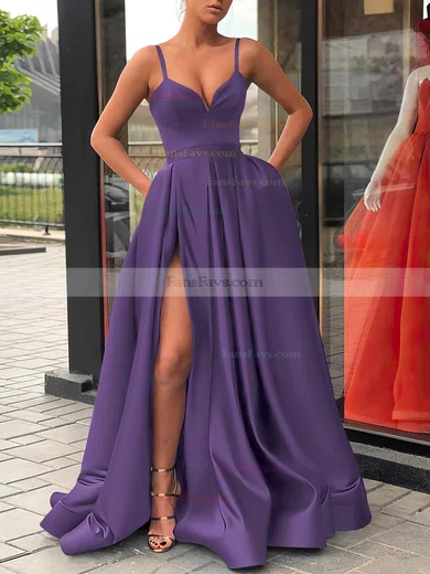 A-line V-neck Satin Sweep Train Sashes / Ribbons Prom Dresses #Favs020107144