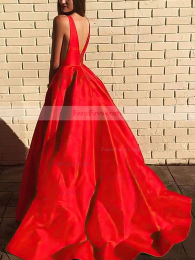 Ball Gown V-neck Satin Sweep Train Pockets Prom Dresses #Favs020107146