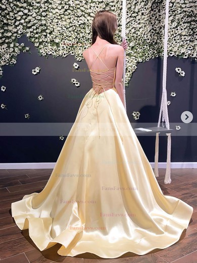 A-line V-neck Satin Sweep Train Prom Dresses #Favs020107148