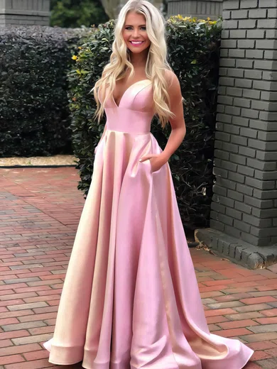 A-line V-neck Satin Sweep Train Pockets Prom Dresses #Favs020107150