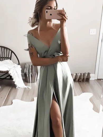 A-line V-neck Silk-like Satin Sweep Train Split Front Prom Dresses #Favs020107158