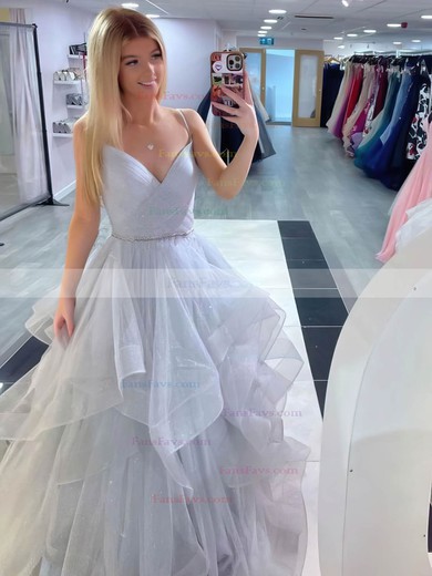 Ball Gown V-neck Tulle Sweep Train Sashes / Ribbons Prom Dresses #Favs020107159