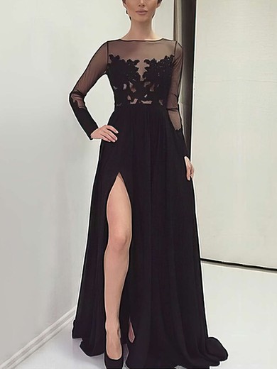 A-line Scoop Neck Chiffon Tulle Sweep Train Appliques Lace Prom Dresses #Favs020103633