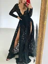 A-line V-neck Lace Sweep Train Split Front Prom Dresses #Favs020107170