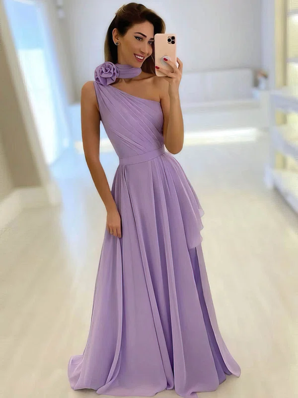 A-line One Shoulder Chiffon Sweep Train Ruffles Prom Dresses #Favs020107175