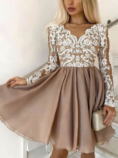 A-line Scalloped Neck Lace Chiffon Short/Mini Prom Dresses #Favs020107178