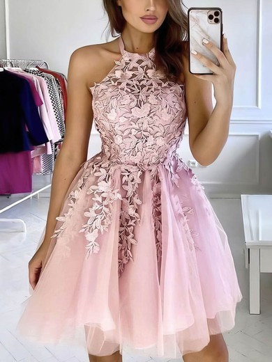 A-line Halter Tulle Short/Mini Appliques Lace Prom Dresses #Favs020107179