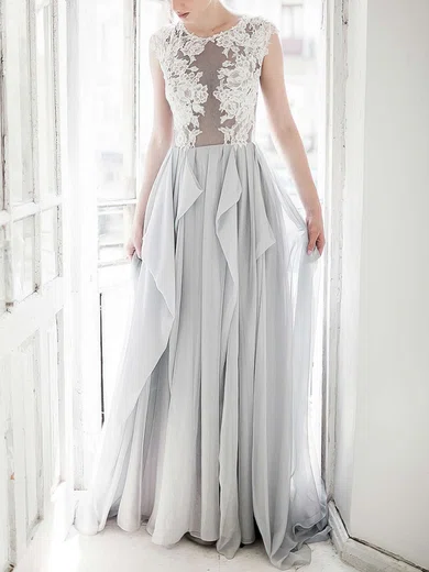 A-line Scoop Neck Chiffon Sweep Train Appliques Lace Prom Dresses #Favs020103643