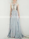 A-line Scoop Neck Chiffon Sweep Train Appliques Lace Prom Dresses #Favs020103643