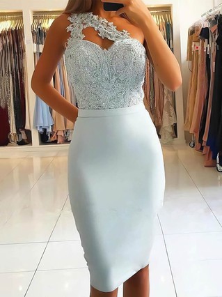 Sheath/Column One Shoulder Stretch Crepe Knee-length Beading Prom Dresses #Favs020107189