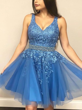 A-line V-neck Tulle Short/Mini Beading Prom Dresses #Favs020107190 A-line V-neck Tulle Short/Mini Beading Prom Dresses #Favs020107190