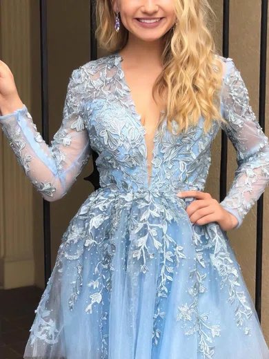 A-line V-neck Tulle Short/Mini Pearl Detailing Prom Dresses #Favs020107192