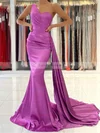 Trumpet/Mermaid One Shoulder Silk-like Satin Sweep Train Ruffles Prom Dresses #Favs020107196