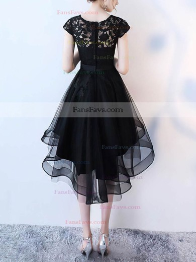 A-line Scoop Neck Tulle Asymmetrical Appliques Lace Prom Dresses #Favs020107197