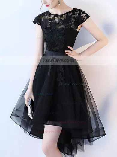 A-line Scoop Neck Tulle Asymmetrical Appliques Lace Prom Dresses #Favs020107197
