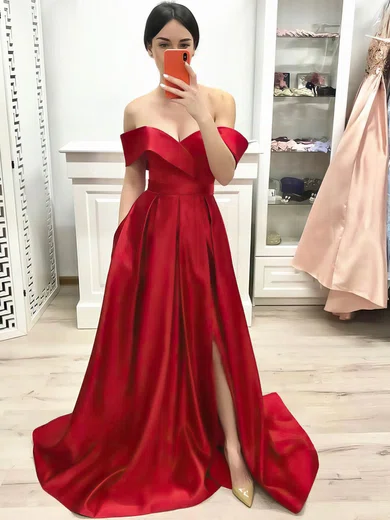 A-line Off-the-shoulder Satin Sweep Train Split Front Prom Dresses #Favs020107198