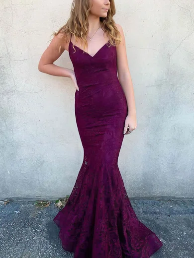 Trumpet/Mermaid V-neck Lace Sweep Train Beading Prom Dresses #Favs020107199