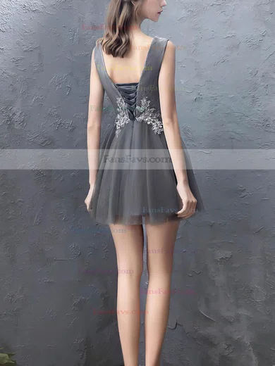 A-line Scoop Neck Tulle Short/Mini Beading Prom Dresses #Favs020107200