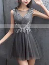 A-line Scoop Neck Tulle Short/Mini Beading Prom Dresses #Favs020107200