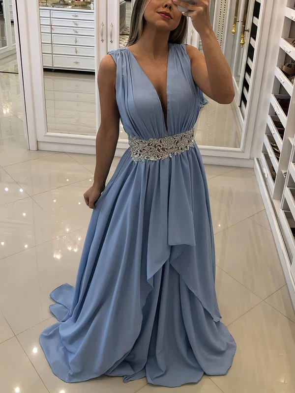 A-line V-neck Silk-like Satin Sweep Train Beading Prom Dresses #Favs020107227