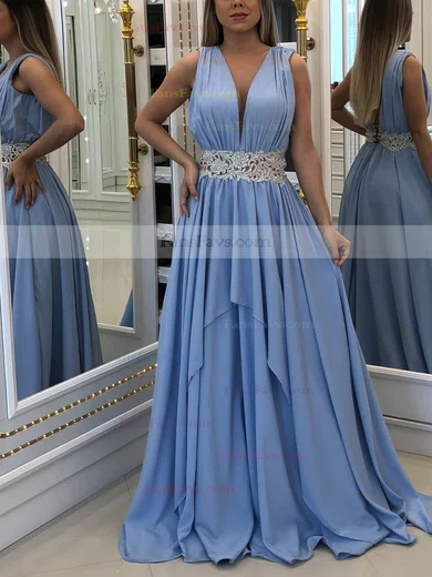 A-line V-neck Silk-like Satin Sweep Train Beading Prom Dresses #Favs020107227