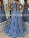 A-line V-neck Silk-like Satin Sweep Train Beading Prom Dresses #Favs020107227