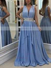 A-line V-neck Silk-like Satin Sweep Train Beading Prom Dresses #Favs020107227