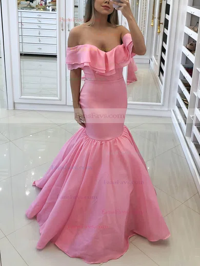 Trumpet/Mermaid Off-the-shoulder Silk-like Satin Sweep Train Ruffles Prom Dresses #Favs020107229